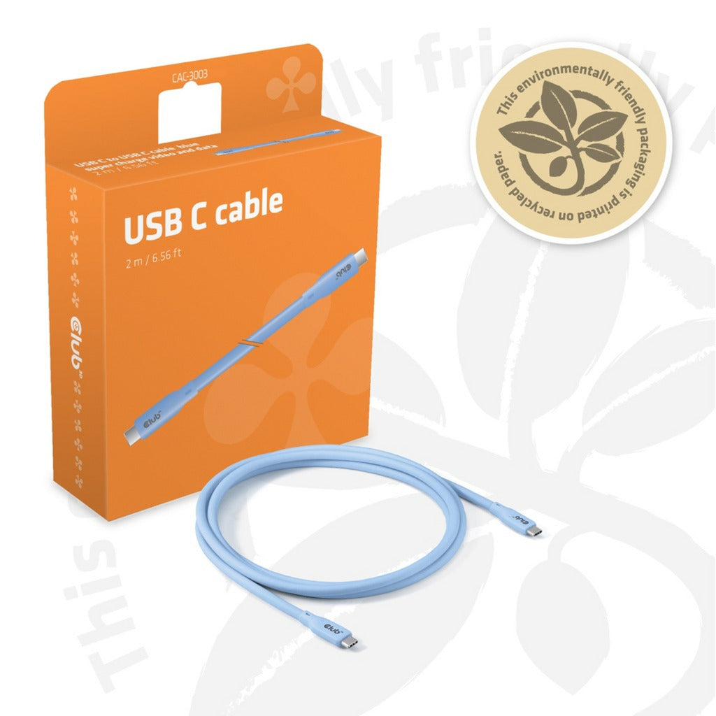 Club 3d gen2x2 type-c bi-directional, 2 meter kabel (lichtblauw, 4k60hz, data 20gbps, pd 240w(48v 5a) epr)
