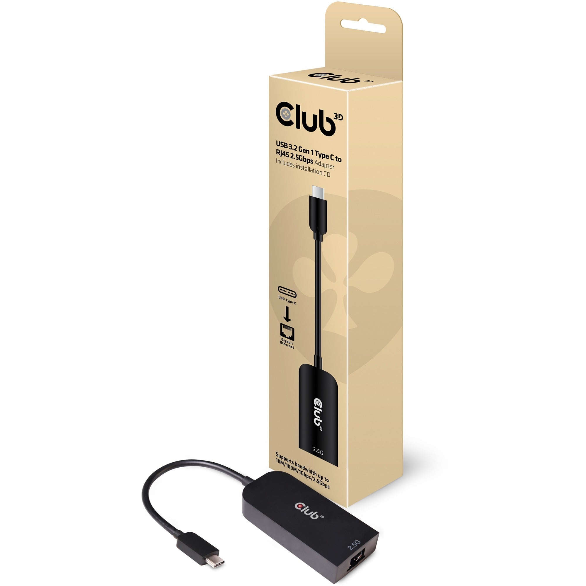 Club 3d usb-c 3.2 gen1 > rj-45 2.5gbps adapter (zwart, 0,16 meter)