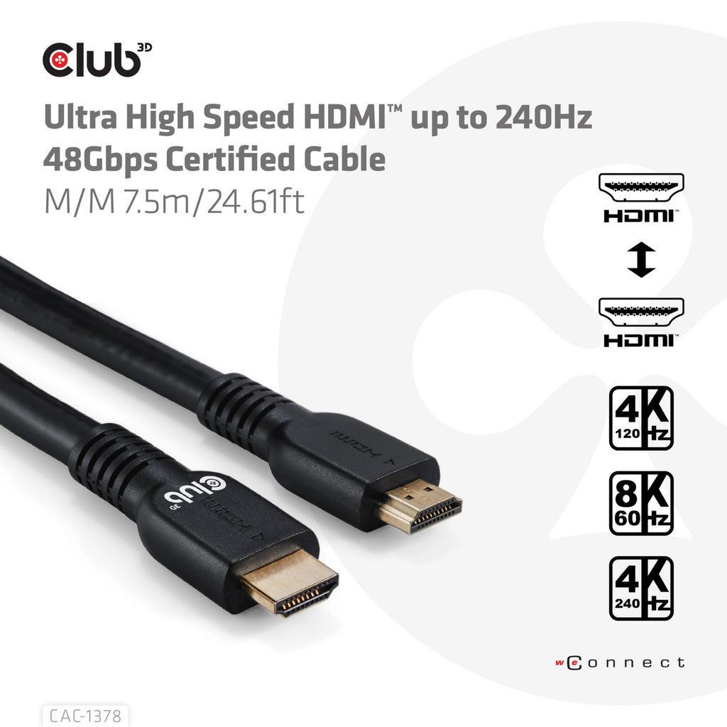Club 3d ultra high speed hdmi certified kabel (zwart, 7,5 meter, 4k120 hz, 8k60 hz)