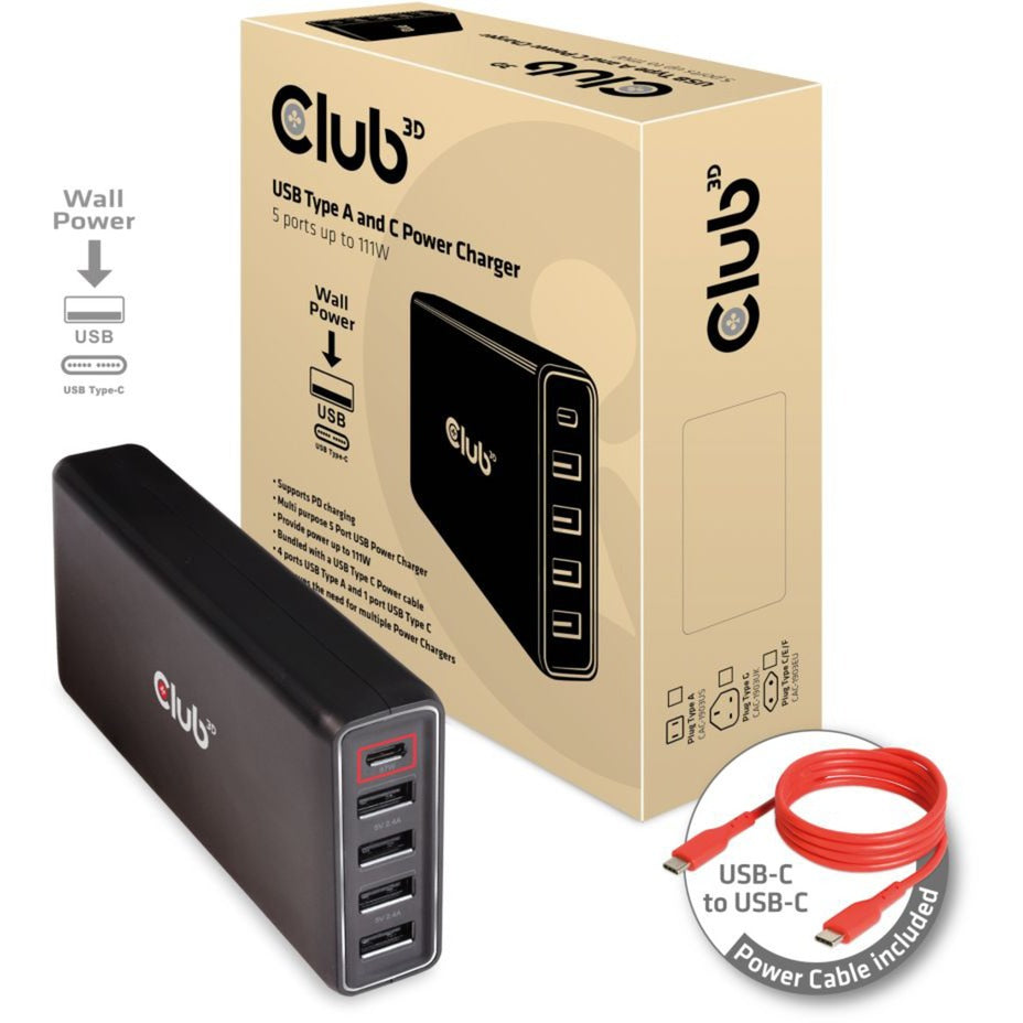 Club 3d 111w power delivery oplader (zwart, 1x usb-c, 4x usb-a)