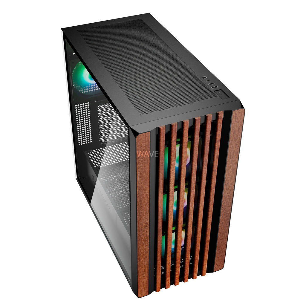 Sharkoon rebel c70g rgb midi tower behuizing (wit houtkleur | 2x usb-a | 1x usb-c | rgb | tempered glass)