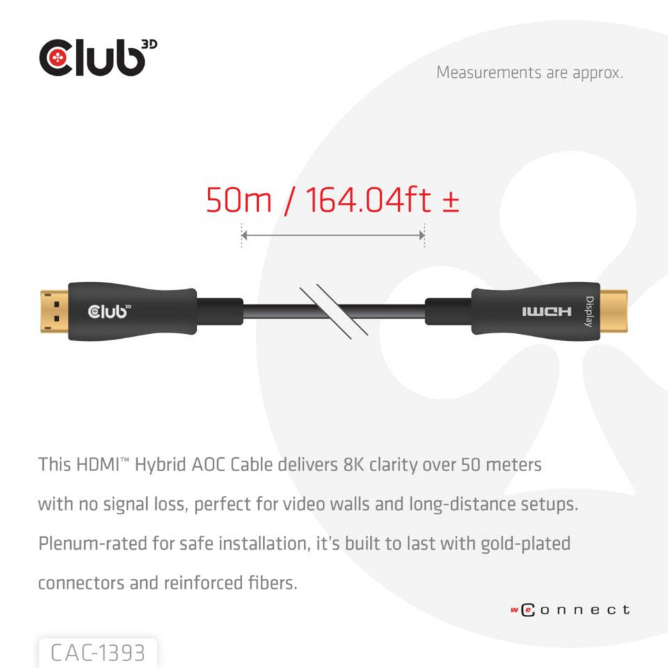 Club 3d hdmi hybrid aoc kabel 8k60hz 4k120hz 50m (zwart)
