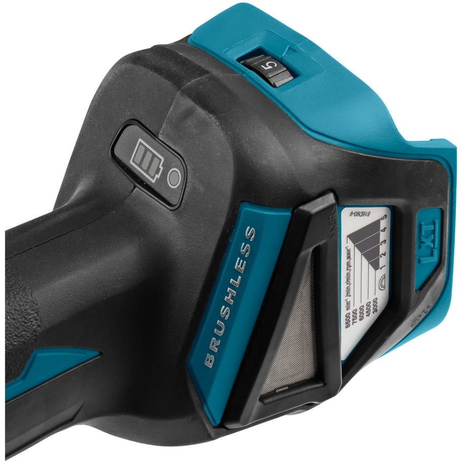 Makita 18 v haakse slijper 125 mm dga513zj (blauw zwart, accu en oplader niet inbegrepen, in mbox, met vastzetschakelaar)