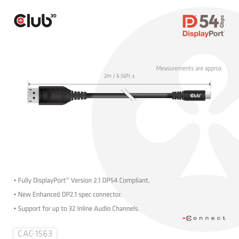 Club 3d usb-c naar displayport 2.1 dp54 bi-directioneel kabel, 8k120hz 2m (zwart)