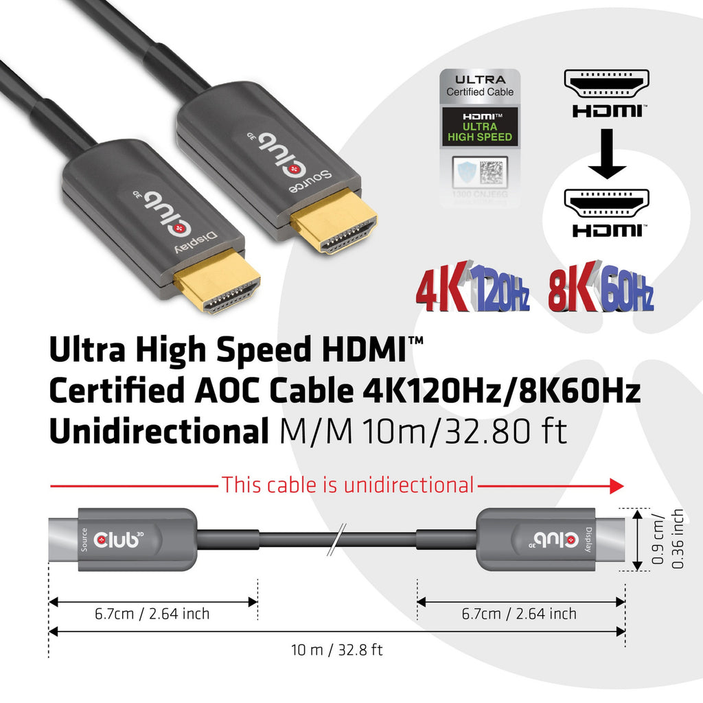 Club 3d ultra high speed aoc hdmi 2.1 gecertificeerde unidirectioneel kabel male-male (zwart, 10 meter, 4k 120hz, 8k 60hz, 48gbps)