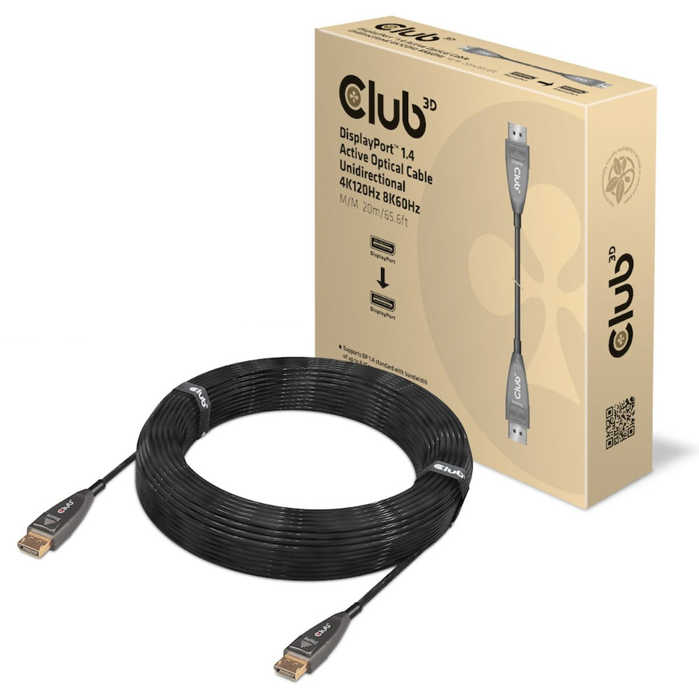 Club 3d displayport 1.4 active optical unidirectional kabel (zwart, 20 meter, 4k 120hz, 8k 60hz)