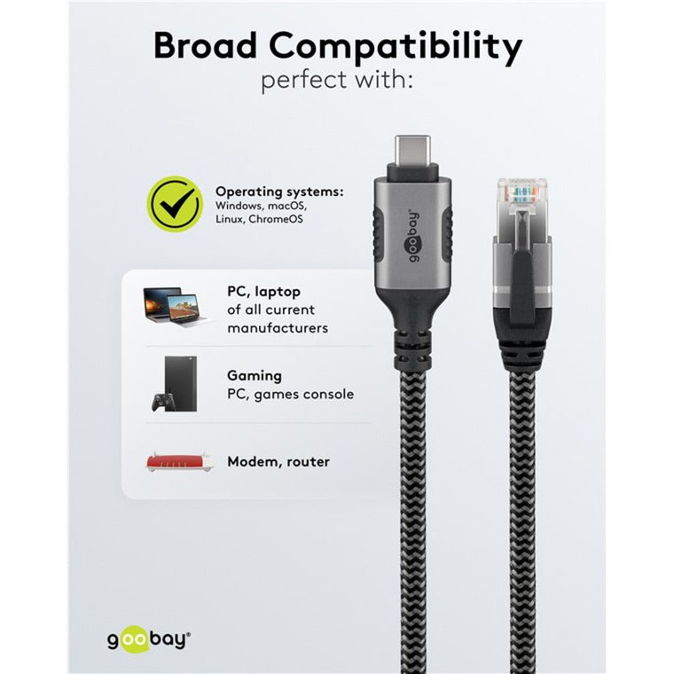 Goobay netwerkadapter usb-c 3.2 gen1 naar rj-45 (zwart zilver, 2 meter)