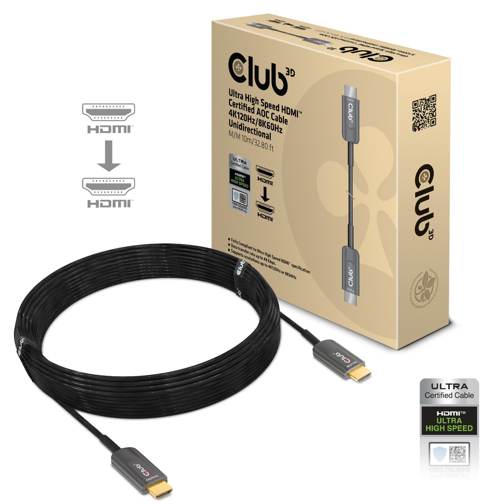 Club 3d ultra high speed aoc hdmi 2.1 gecertificeerde unidirectioneel kabel male-male (zwart, 10 meter, 4k 120hz, 8k 60hz, 48gbps)