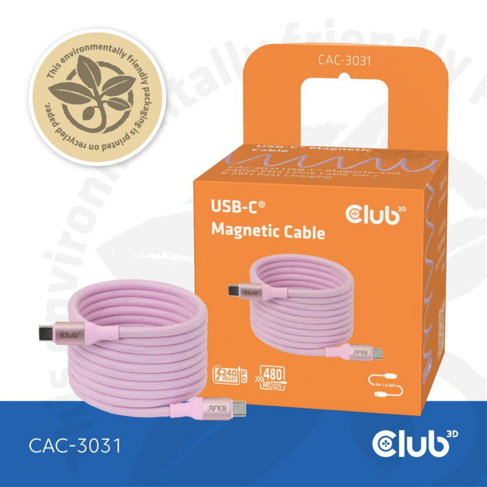 Club 3d usb-c magnetic-coil 240w pd3.1 pink cable, 2 meter kabel (roze)