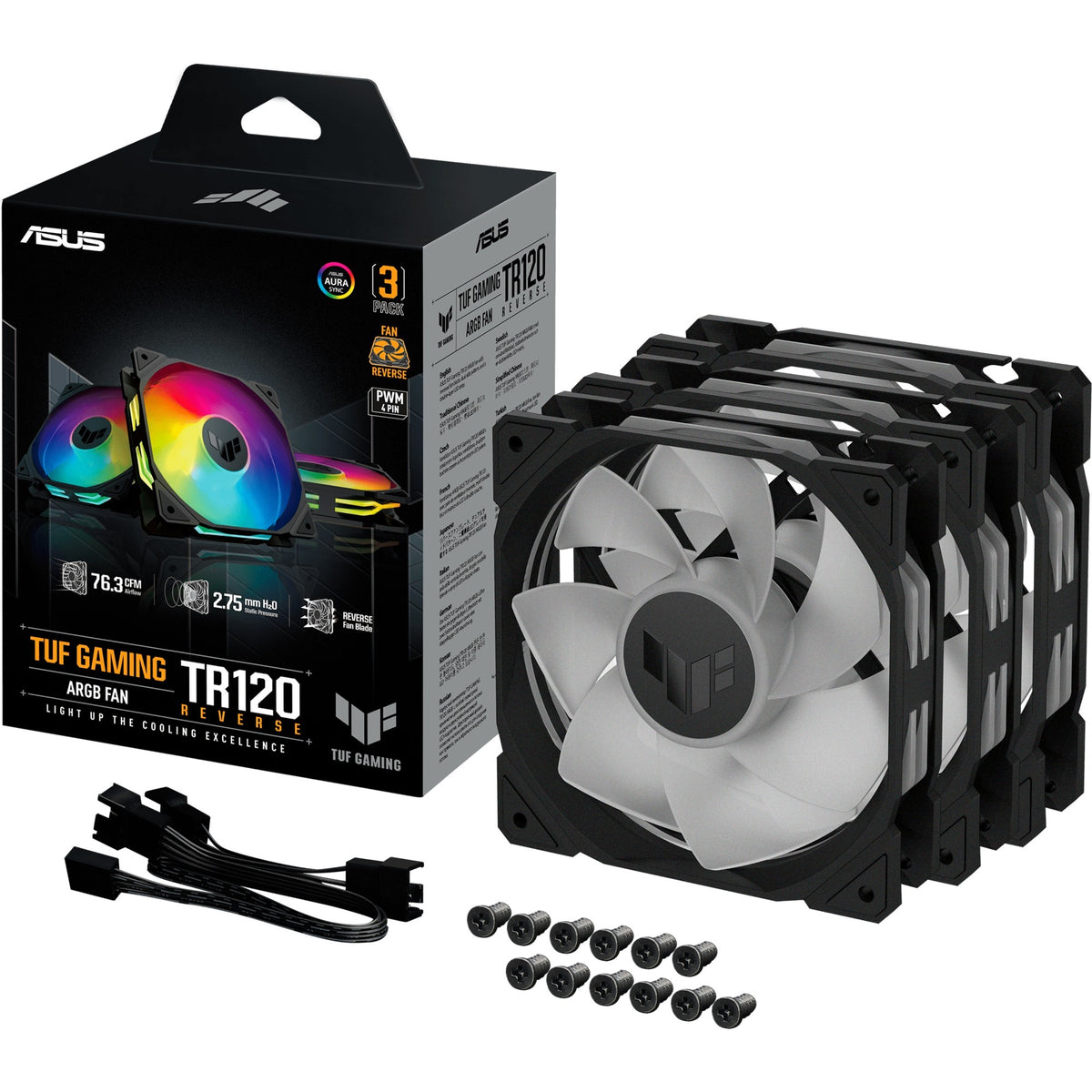 Asus tuf gaming tr120 argb reverse case fans (zwart transparant, 3 stuks, 120 x 120 x 28 mm)