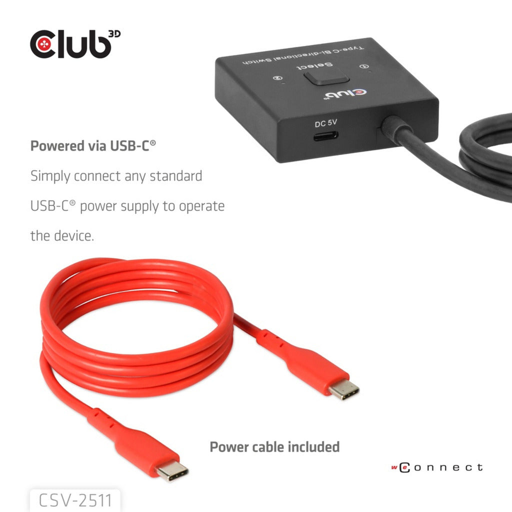 Club 3d usb-c bi-directional video + data + pd switch usb-switch (zwart)