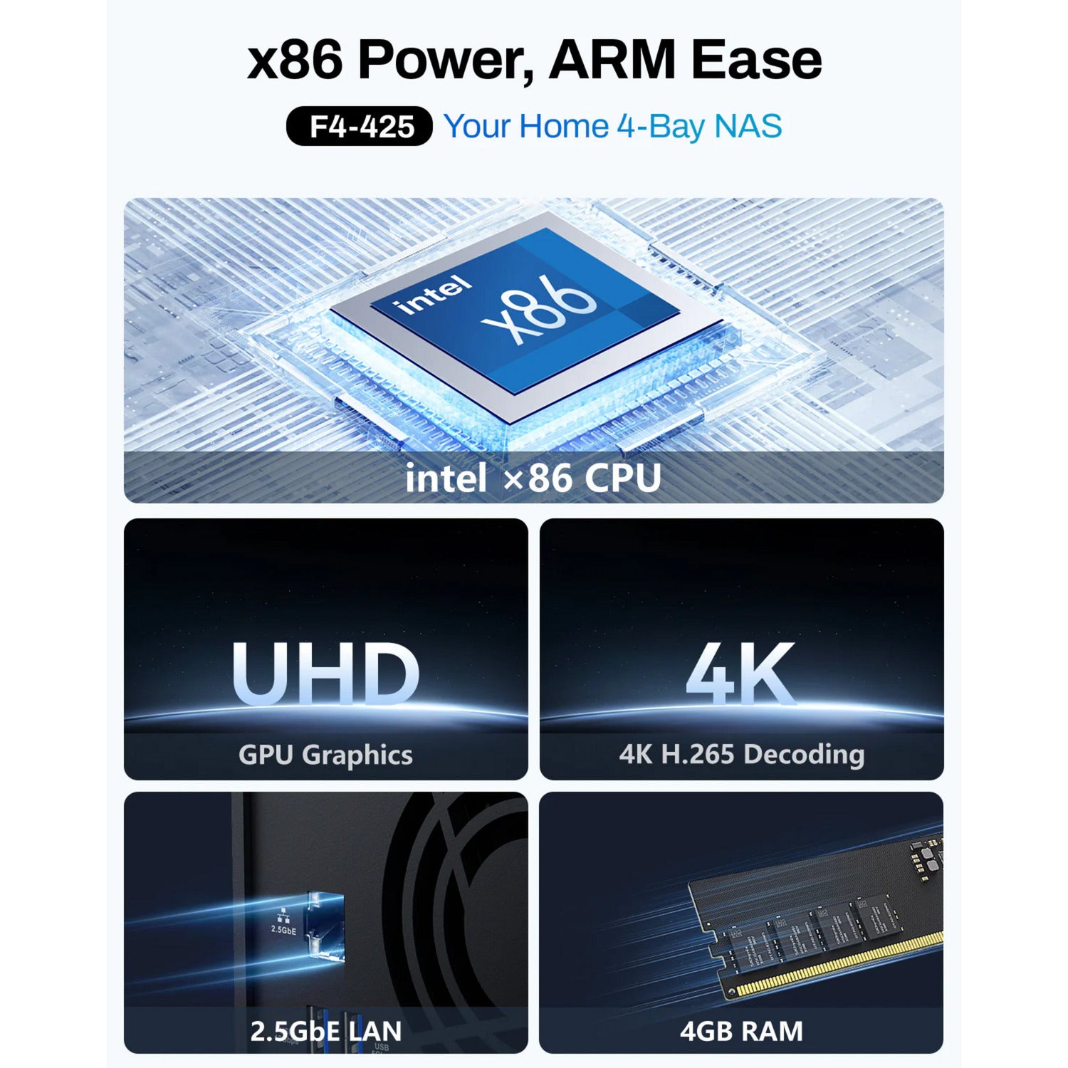 Terramaster f4-425 nas (zwart, 1x 2.5gbe, hdmi, usb)