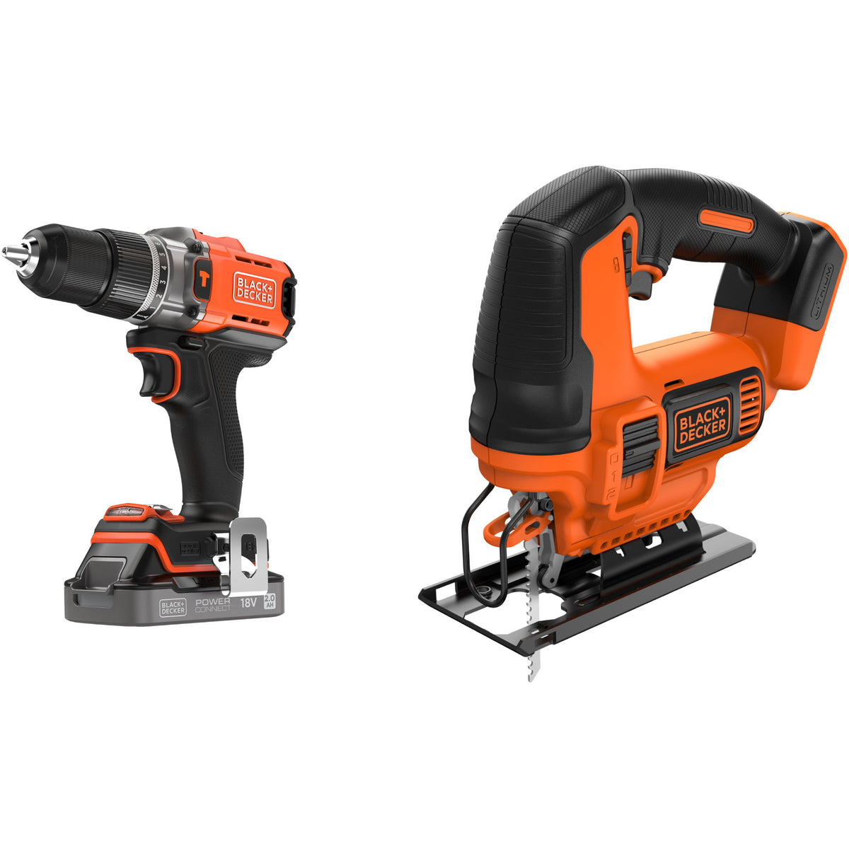 Black+decker 18v schroefklopboormachine + 18v pendeldecoupeerzaag bundel (zwart oranje)