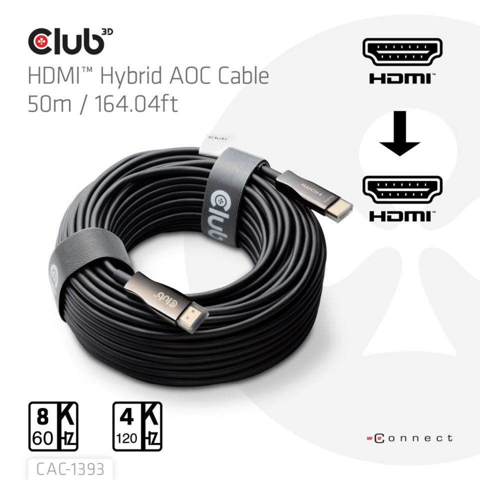 Club 3d hdmi hybrid aoc kabel 8k60hz 4k120hz 50m (zwart)