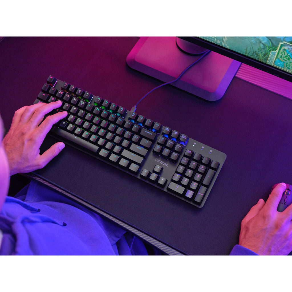 Trust gxt 871 zora mechanisch gaming toetsenbord (zwart, us lay-out (qwerty), huano red, 100%, rgb)