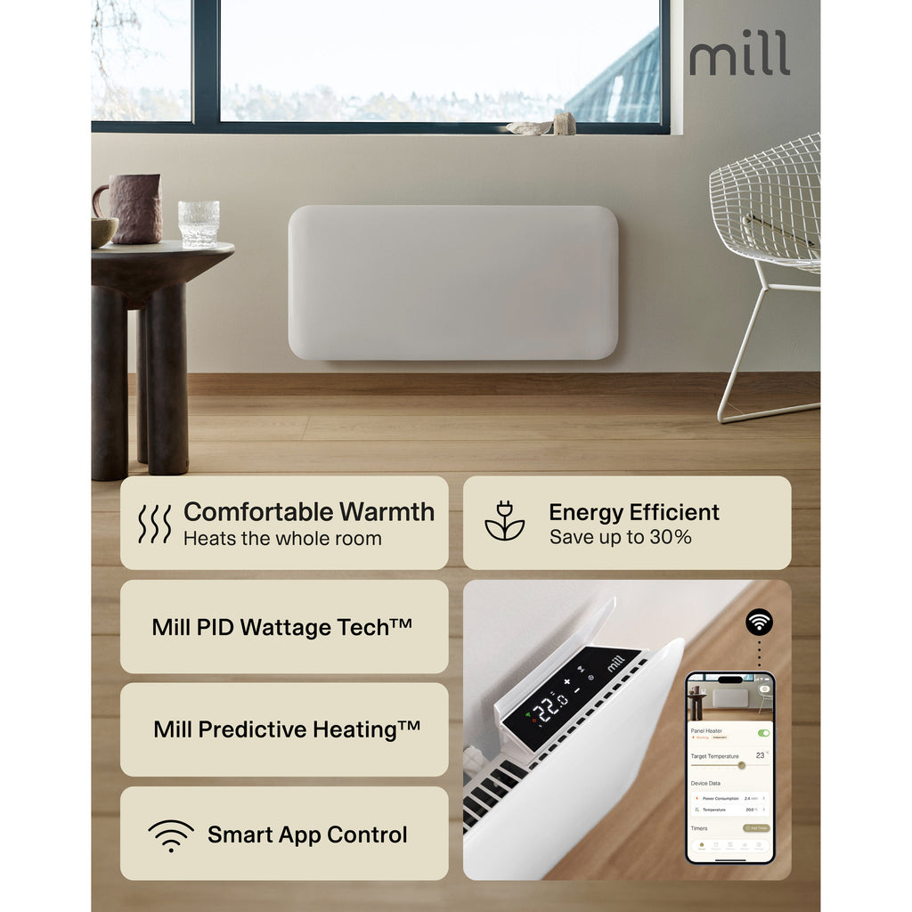 Mill steel wifi paneelverwarming pa1300wifi4, 1300 watt convector (wit, wifi 2,4 ghz (wifi 6), bluetooth 5.2, zigbee 3.0 + app)
