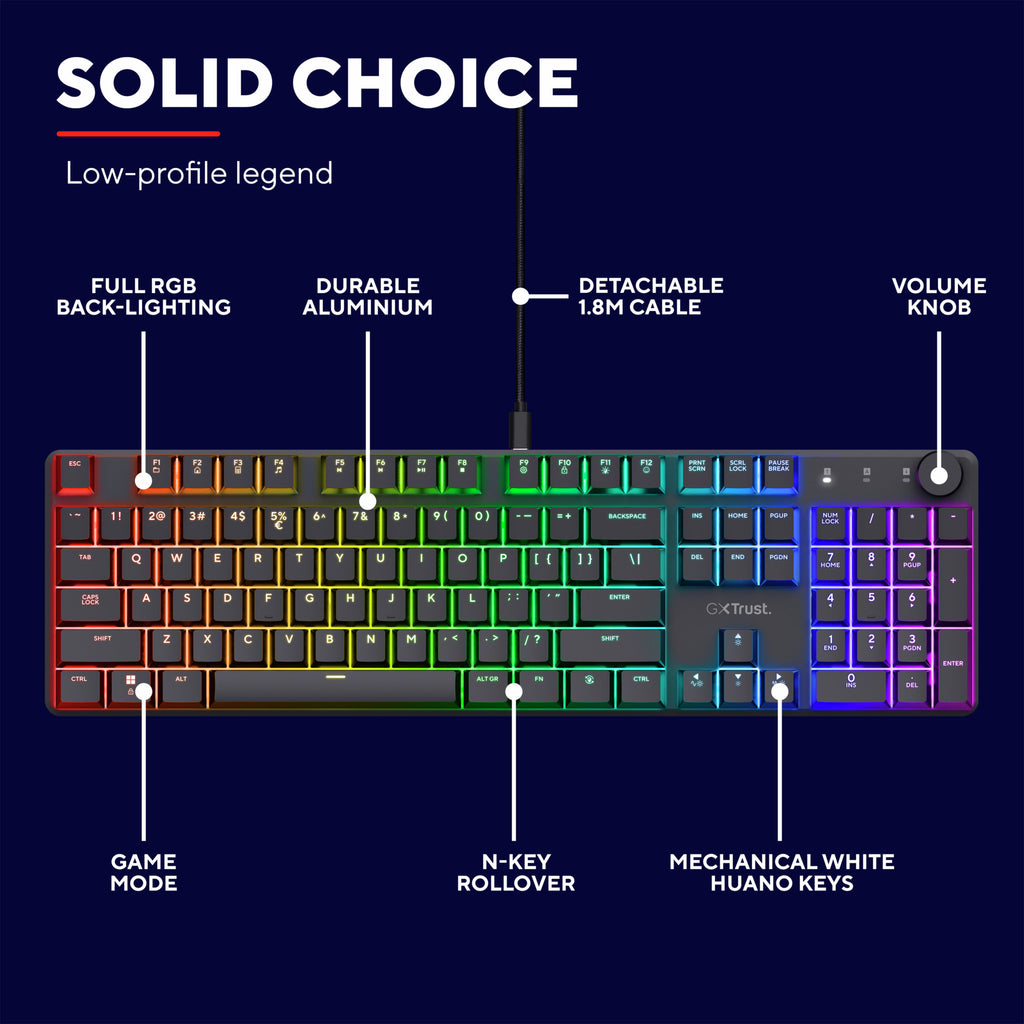 Trust gxt 866 torix hoogwaardig mechanisch gaming-toetsenbord, gaming toetsenbord (zwart, us lay-out, huano red, rgb)