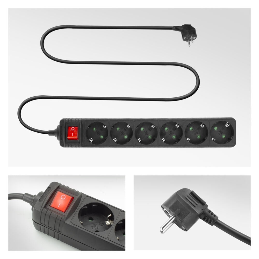 Act stekkerdoos met lichtgevende schakelaar, 6 sockets, 3 m, zwart ac2465