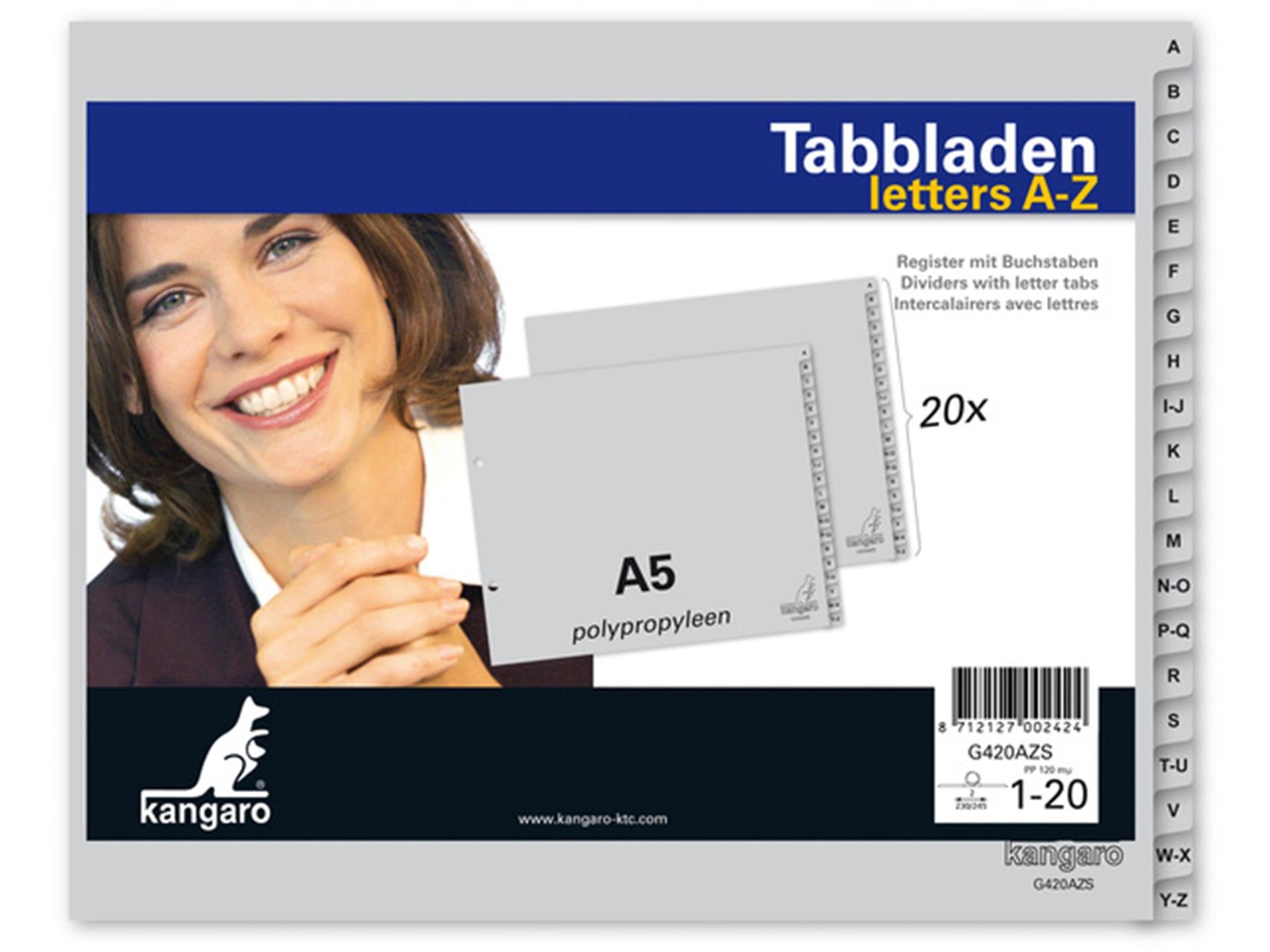 Tabbladen kangaro pp 120g m2 18x21 22,5cm grijs 20-delig a-z 2-gaats bedrukt