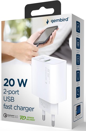Enzo gembird usb + usb-c snellader 20w wit - a9540151