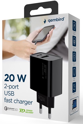 Enzo gembird usb + usb-c snellader 20w zwart - a9540150