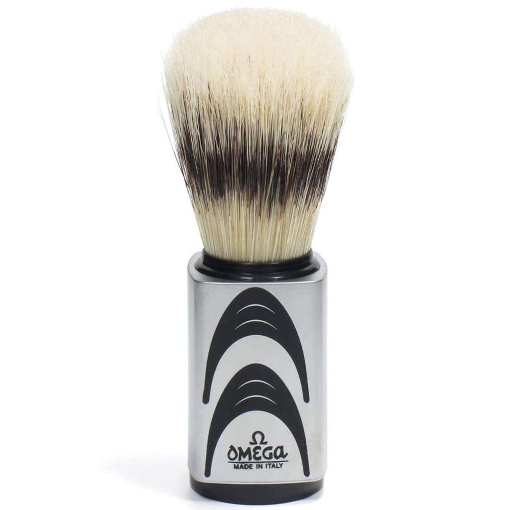 Omega scheerkwast hi-brush varkenshaar met dassenhaareffect grijs handvat + standaard 11,5cm