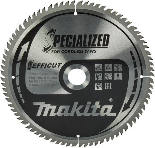 Makita afkortzaagblad voor hout | efficut | ø 260mm asgat 30mm 80t - b-67290