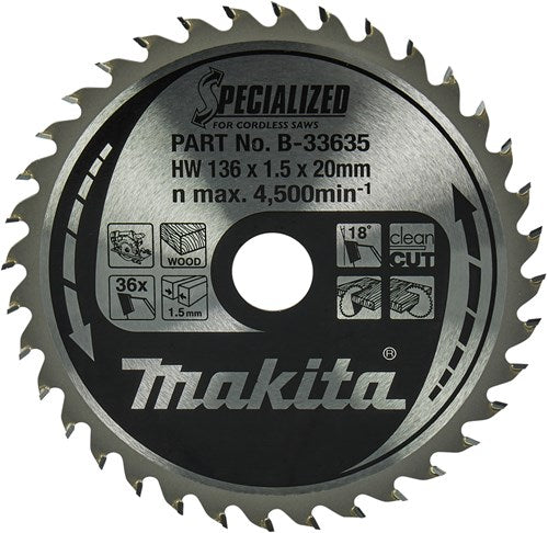 Makita accessoires cirkelzaagblad | hout | 136x20x1,5 36t 18g - b-33635