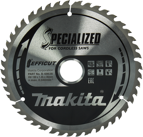 Makita accessoires cirkelzaagblad hout | efficut 190x30x1,45 45t 23g - b-68638 - b-68638