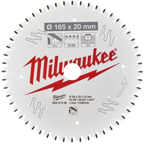 Milwaukee accessoires cirkelzaagblad p alu165x20x2,2x52tf neg. - 4932471296