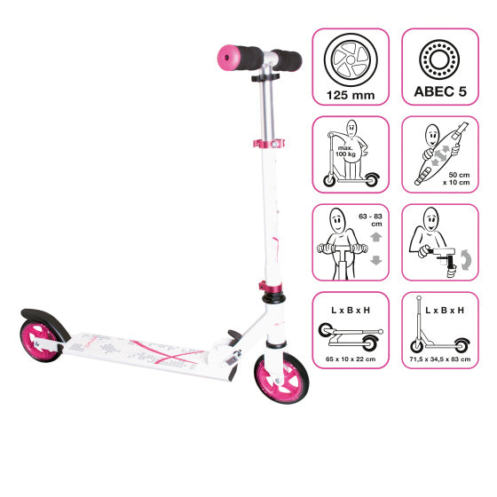 Muuwmi 2-wiel Kinderstep Opvouwbaar Voetrem Wit Roze