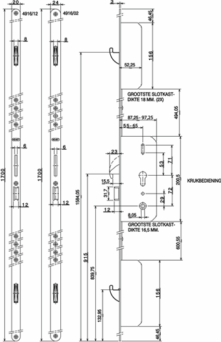 Nemef 4916 veiligheidsmeerpuntssluiting | krukbediend | skg*** | dm65mm | pc72mm cilinder boven kruk | voorplaat staal verzinkt 20x1700mm afgerond| dr 1+3 2+4 - a000307703