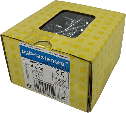 Pgb-europe pgb-fasteners | spaanplaatschroef ø 4,0x40 mm pozidrive pz2 - voldraad verzinkt | 200 st - pgwvzv001004000403