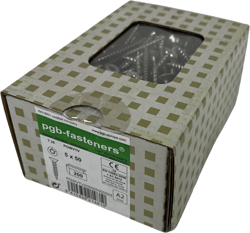 Pgb-europe pgb-fasteners universele spaanplaatschroef rvs a2 vk-t deeldraad verzonken kop ø 5,0x50 tx25 | 200 st | pgwvtva00005000503
