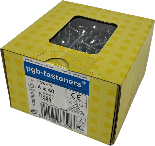 Pgb-europe pgb-fasteners universele spaanplaatschroef vk-t voldraad verzonken kop ø4,0x40 zn tx20 | 200 st | pgwvtv001004000403