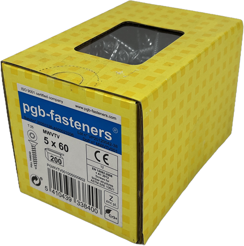 Pgb-europe pgb-fasteners universele spaanplaatschroef vk-t voldraad verzonken kop ø5,0x60 zn tx20 | 200 st | pgwvtv001005000602