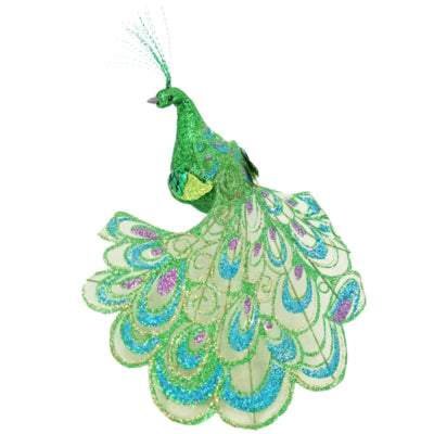 Pauw op clip glitter groen 18 cm | 12 stuks