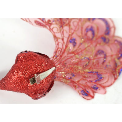 Pauw op clip glitter rood 18 cm | 12 stuks