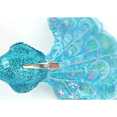 Pauw op clip glitter blauw 18 cm | 12 stuks