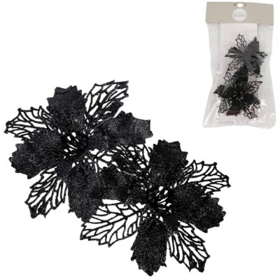 House of seasons kunstbloem op clip kerstster glitter zwart 10 cm set van 2 | 24 stuks