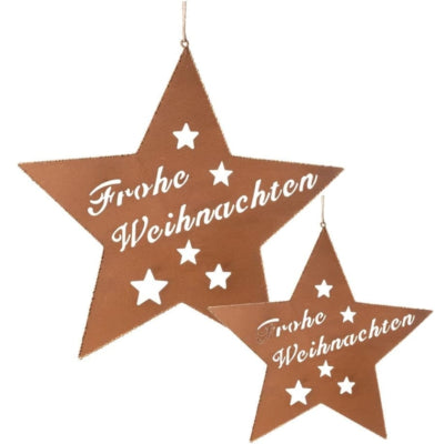 Ngk hanger ster frohe weihnachten metaal roestkleurig 25 cm set van 2 | 12 stuks