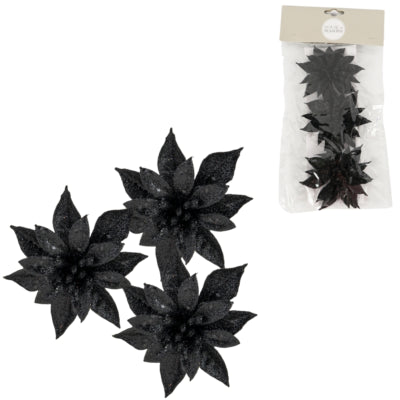 House of seasons kunstbloem op clip kerstster glitter zwart 9 cm set van 3 | 24 stuks