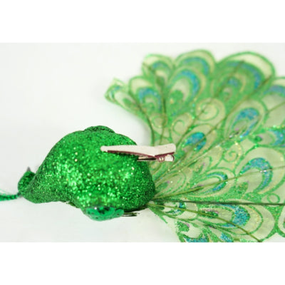 Pauw op clip glitter groen 18 cm | 12 stuks