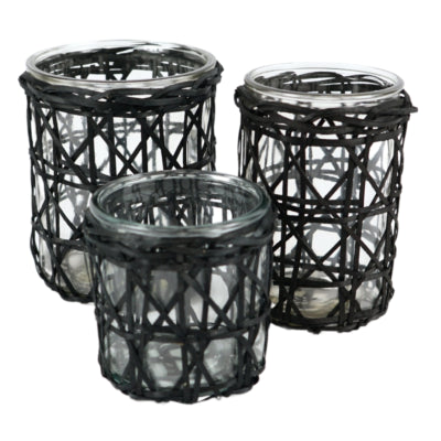 Gusta theelichthouder m rotan zwart 10,5 cm | 6 stuks