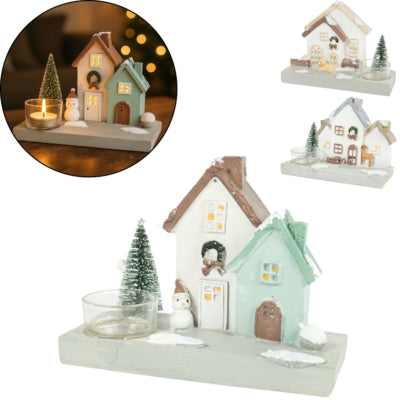 Theelichthouder huis kerst 16 cm 3 assorti b-keus | 16 stuks
