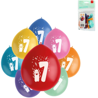 Folat ballonnen party pop monsters cijfer 7 kleurmix 23 cm 8 stuks | 24 stuks
