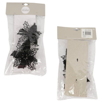House of seasons kunstbloem op clip kerstster glitter zwart 10 cm set van 2 | 24 stuks