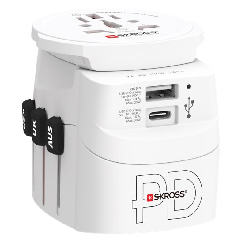 Skross - wereldreisadapter pro light met grondstekkers (geen zwitserse en italiaanse) + 1 usb + 1 type-c aansluiting