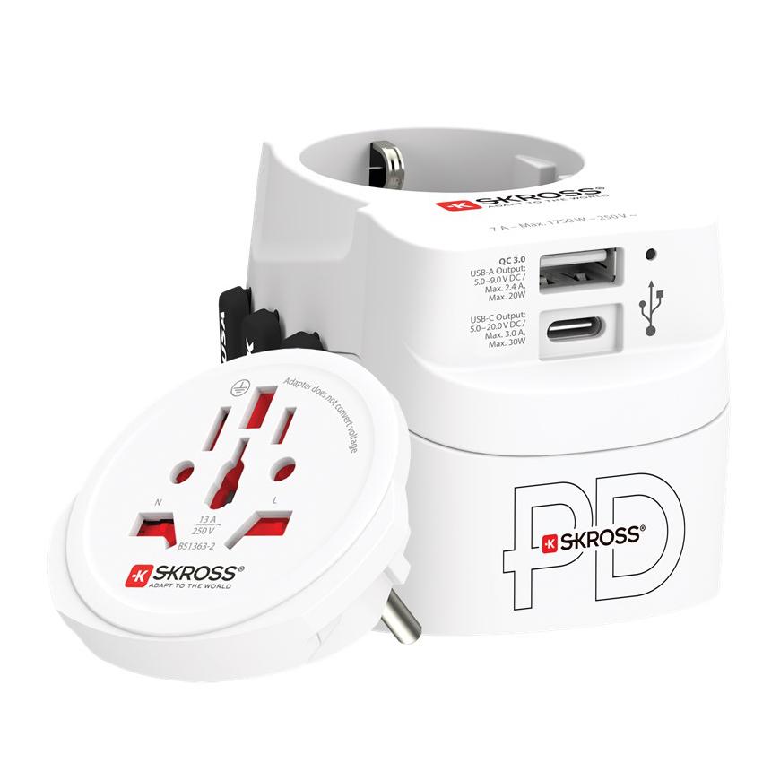 Skross - wereldreisadapter pro light met grondstekkers (geen zwitserse en italiaanse) + 1 usb + 1 type-c aansluiting