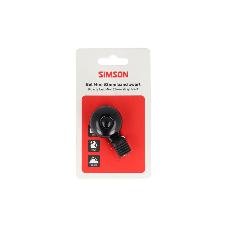 Simson Mini-Fahrradklingel mit 32-mm-Flexbandbefestigung, schwarz